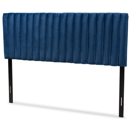 Jareth Contemporary Velvet Fabric Upholstered Headboard, Navy Blue/Dark Brown, F