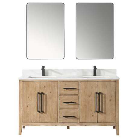 Laurel Bathroom Vanity with Calacatta White Quartz Stone Countertop, Weathered Fir, 60", With Mirror