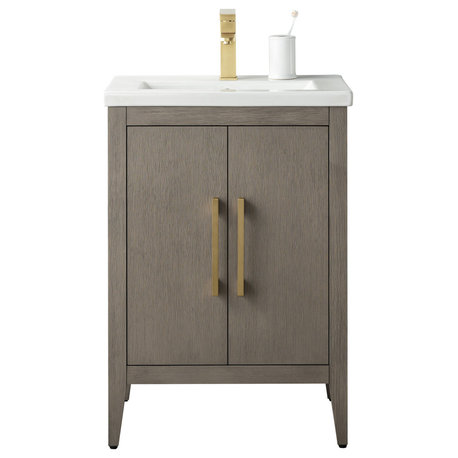 Vanity Art Bathroom Vanity With Sink, Driftwood Gray, 24" Single, Golden Brushed