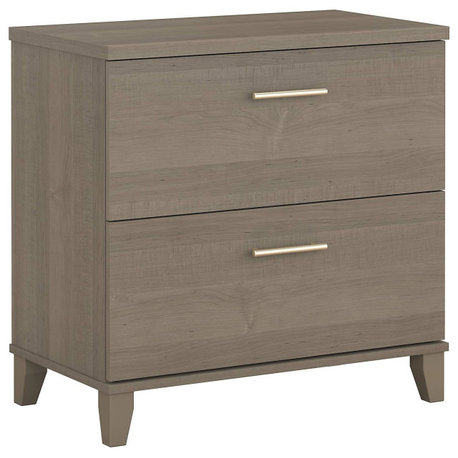 Lateral Filing Cabinet with Tapered Legs and 2 Interlocking Drawers, Ash Grey