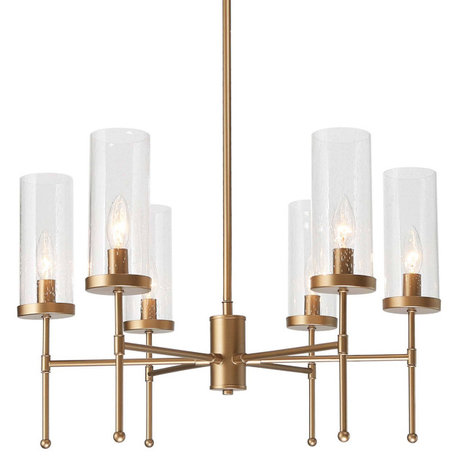 LNC 6-Light Modern Matte Gold Linear Candle Glass Chandelier