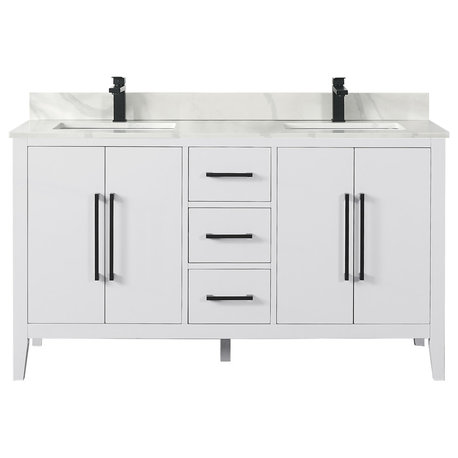 Laurel Bathroom Vanity with Calacatta White Quartz Stone Countertop, White, 60", Without Mirror