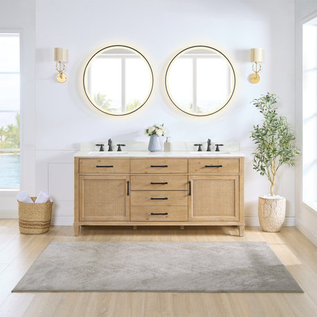 Solana Bathroom Vanity with Calacatta White Quartz Stone Countertop, Weathered Fir, 72", With Mirror