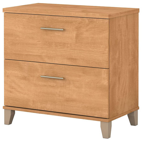 Transitional File Cabinet, Interlocking Drawers & Chrome Handles, Maple Cross