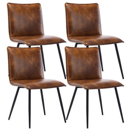 Set of 4 Minimalist Faux Leather Side Chairs for Dining Room, Yellowish-Brown