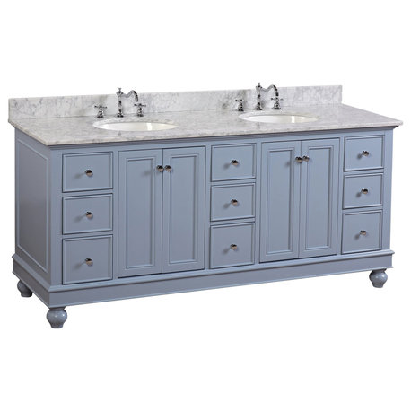 Bella 72" Double Bath Vanity, Base: Powder Blue, Top: Carrara Marble