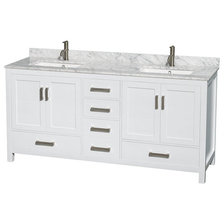 Sheffield 72" White DBL Vanity, Carrara Marble Top, UM Sq Sinks, No Mrr