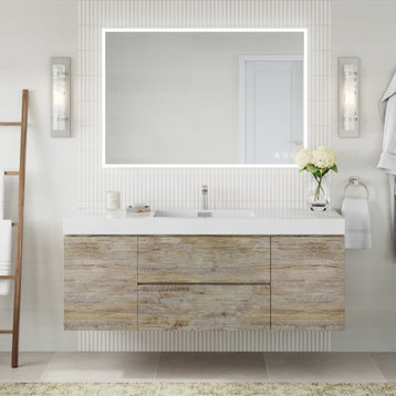 Boutique Bath Vanity, Natural Wood, 60", Single Sink, Wall Mount