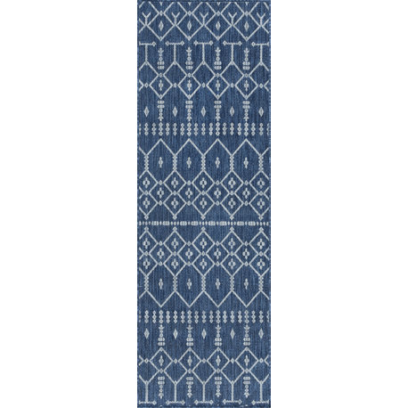 Evka Contemporary Geometric Navy Light Gray Indoor/Outdoor Runner Rug 3x8