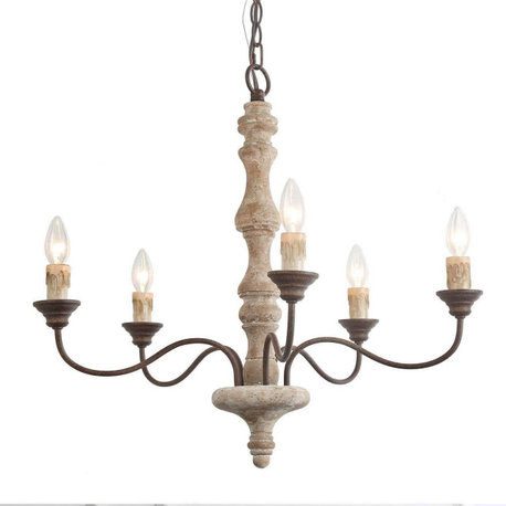 LNC 5-Light French Country White Wood Distressed Candle-style Chandeliers