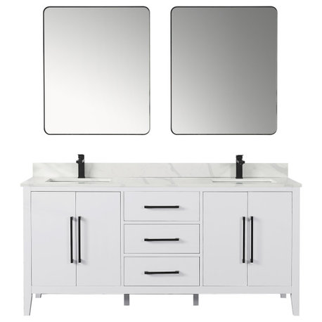 Laurel Bathroom Vanity with Calacatta White Quartz Stone Countertop, White, 72", With Mirror