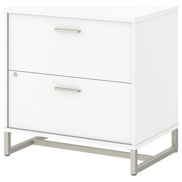 Elegant White File Cabinet, Lockable, Metal Base, 2 Drawers