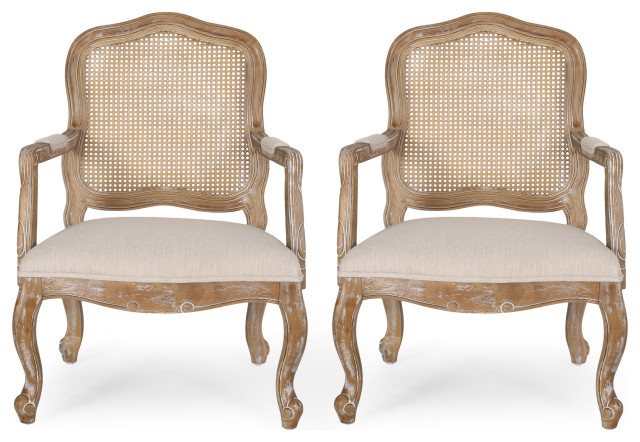 Biorn French Country Upholstered Dining Armchair, Beige + Natural, Set of 2