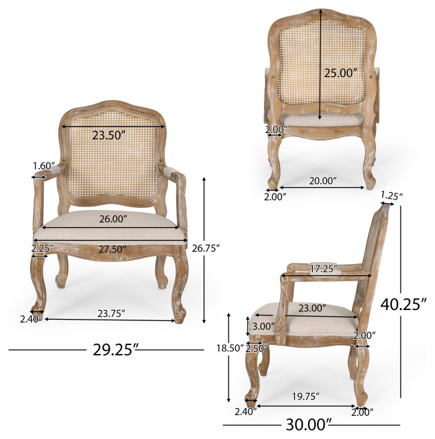 Biorn French Country Upholstered Dining Armchair, Beige + Natural, Set of 2