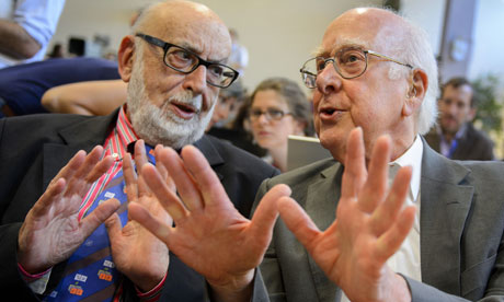 Higgs boson: British physicist Peter Higgs (right) speaks with Belgium physicist Francois Englert