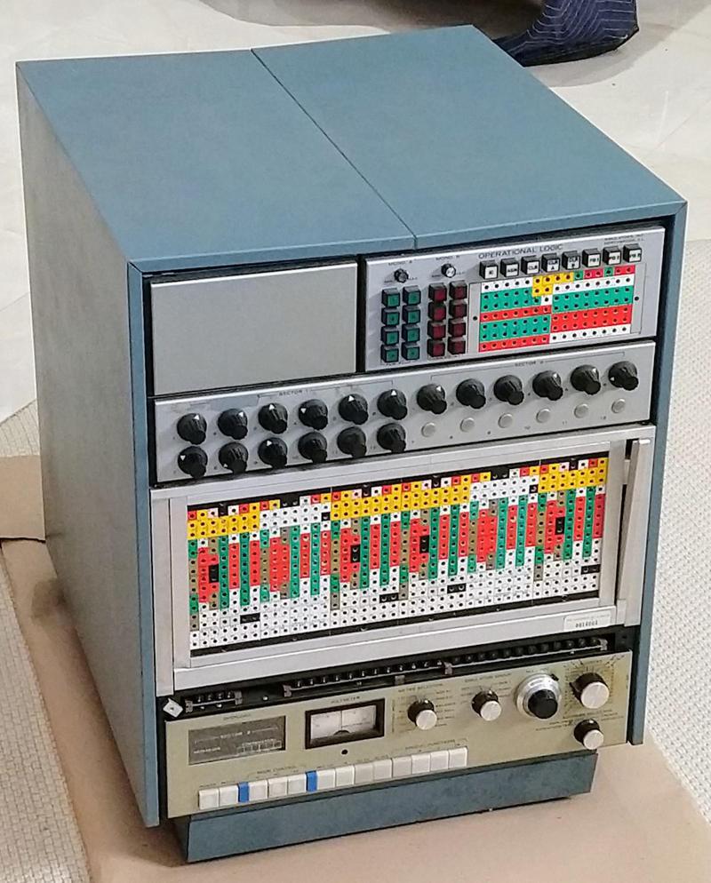 The Model 240 analog computer from Simulators Inc. was a "precision general purpose analog computer" for the desk top, with up to 24 op amps. (This one has 20 op amps.)