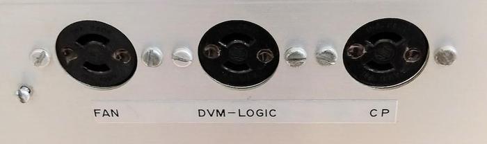 The side of the power supply has three twist-lock AC sockets labeled "FAN", "DVM-LOGIC", and "CP" (control panel). The "DVM-LOGIC" socket powers a 5-volt supply for the digital logic, which we still need to repair.