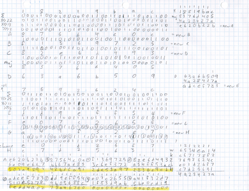 Last pencil-and-paper round of SHA-256, showing a successfully-mined Bitcoin block.