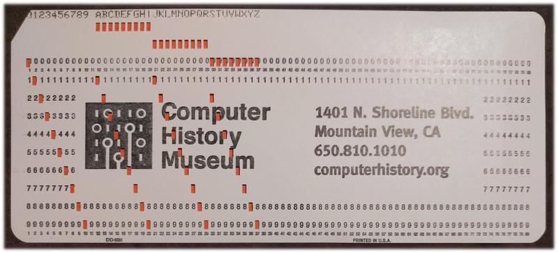 An IBM punch card holds 80 characters, printed along the top. The hole pattern in each column encodes the character.