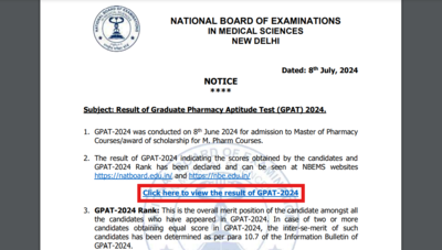 GPAT result 2024 declared at natboard.edu.in, 2 questions dropped from final answer key: Direct link to check scores here