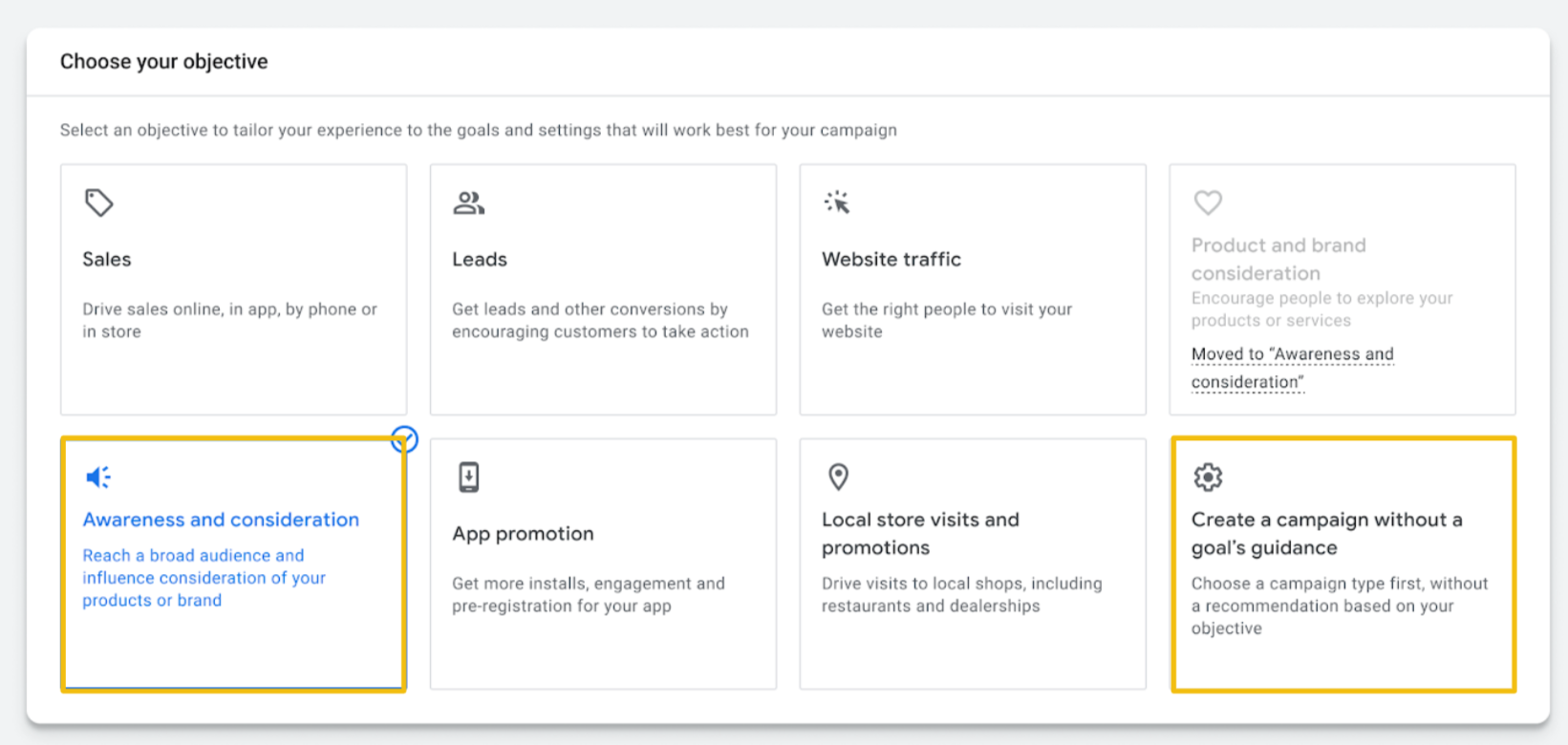 "Choose your objective" UI in Google Ads