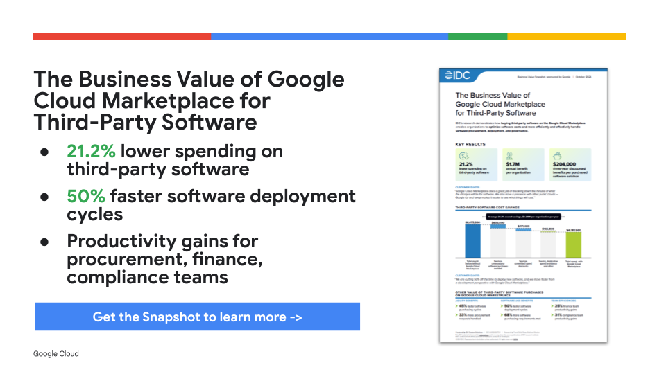 Riset IDC menunjukkan bahwa dengan membeli software pihak ketiga di Google Cloud Marketplace, organisasi dapat mengoptimalkan biaya software serta menangani pengadaan, deployment, dan tata kelola software secara lebih efektif.