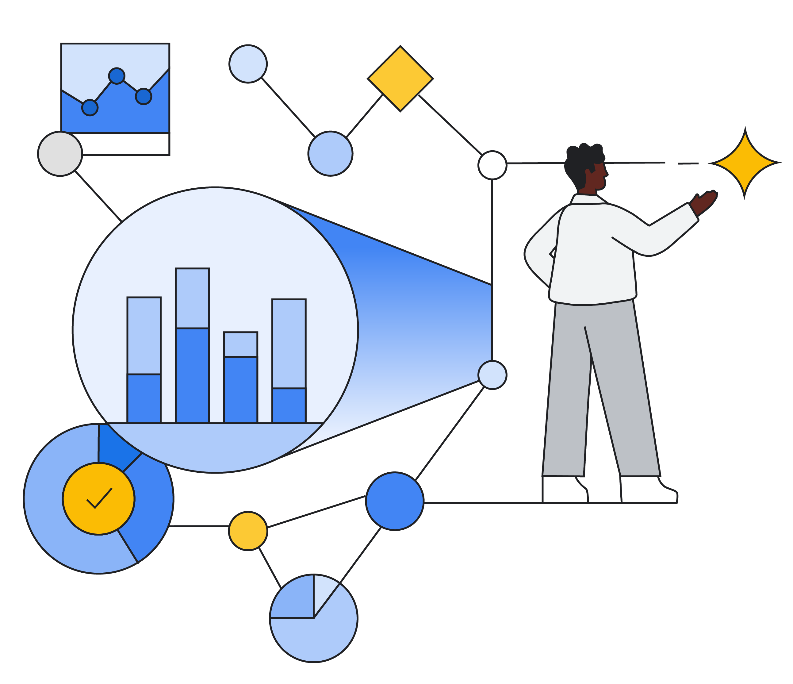 A man in front of bar graphs