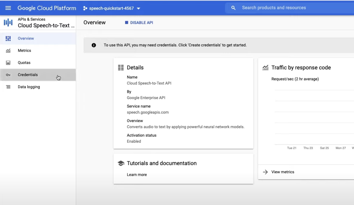 interface do produto Speech-to-text