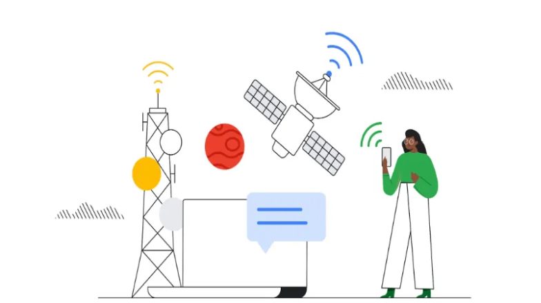 femme utilisant un téléphone avec une antenne et un satellite