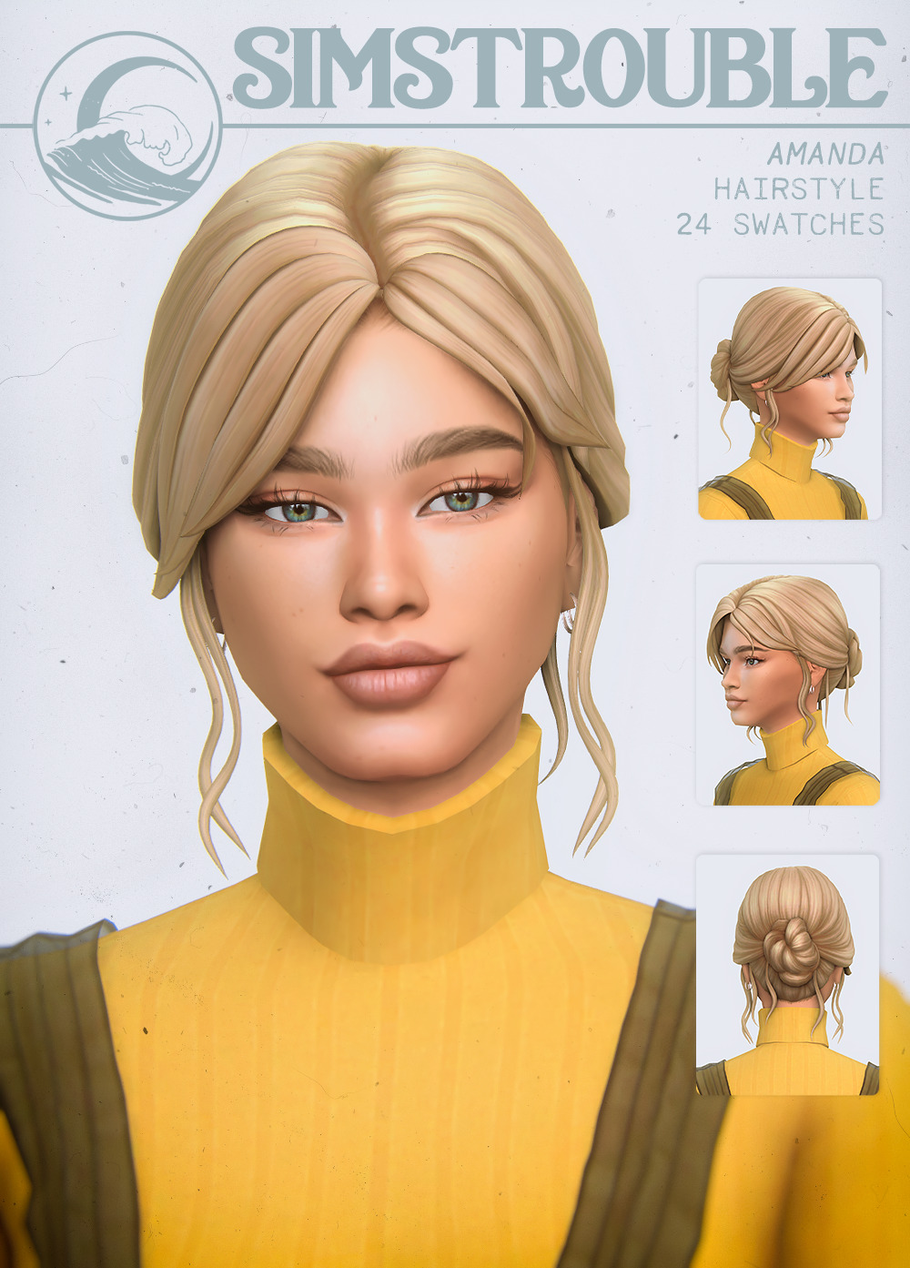 AMANDA by simstrouble• Base Game Compatible
• 24 Swatches
• All LODs, Hat Compatible, All Maps, 7k poly
Update 19th August 2022:
• Remade Mesh; I remade the bangs, and I archived a lower polycount than previously. More Info on Patreon.
download...