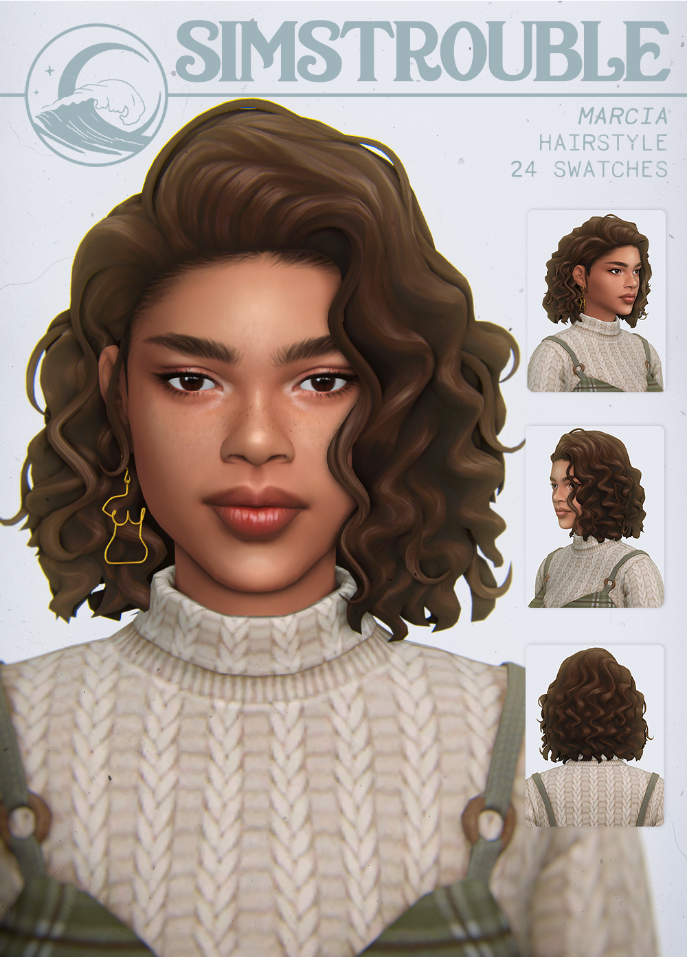 MARCIA by simstrouble• Base Game Compatible
• 24 Swatches
• Enabled for both frames
• All LODs, Hat Compatible, All Maps, 11k/8k poly
Update 18th June 2022: Reworked the mesh, reworked textures, enabled the masculine frame. More info on the patreon...