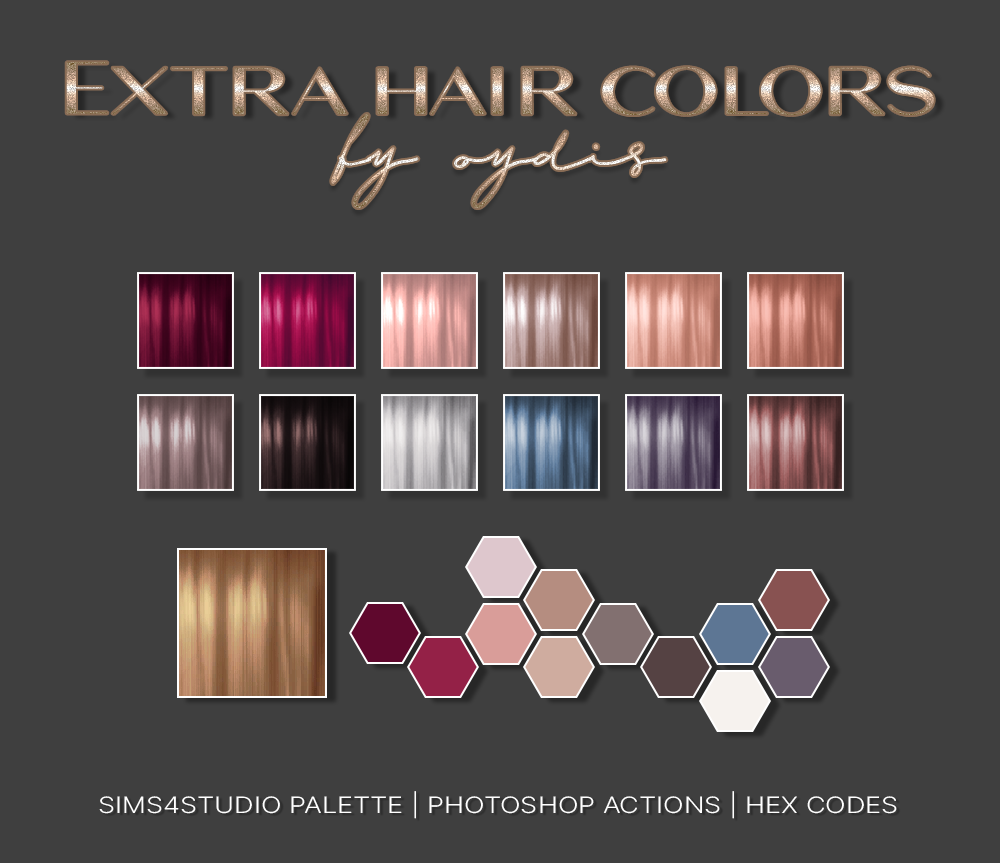 Resources - Extra Hair ColorsI finally got around to making proper actions for my extra hair colors and since someone asked for them I figured they could be released. Do with them as you please 🌈
base: EA swatch n.13 - Dirty Blonde. The actions...