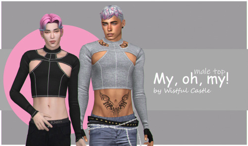 * My, Oh, my! - base game compatible male crop top, all LOD’s, all maps, 15 swatches, from teen to elder + Cas thumbnail and PSD for recolors
Download (No Ads)
—————————————-
>> More Wistful Stuff