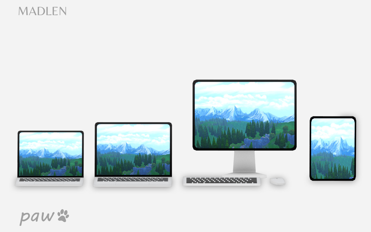 Choose your device
Paw device lineup.
Notebook / PC
Notebook + / Tab
Wallpaper is a screenshot of Windenburg mountains.