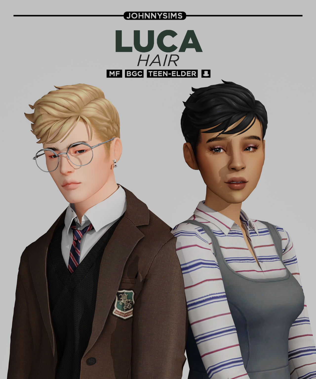 Luca Hair
Info:
• Base Game Compatible
• 24 swatches
• 2 versions (Masculine and Feminine)
• Hat Compatible
• Teen-Elder
DOWNLOAD (free)