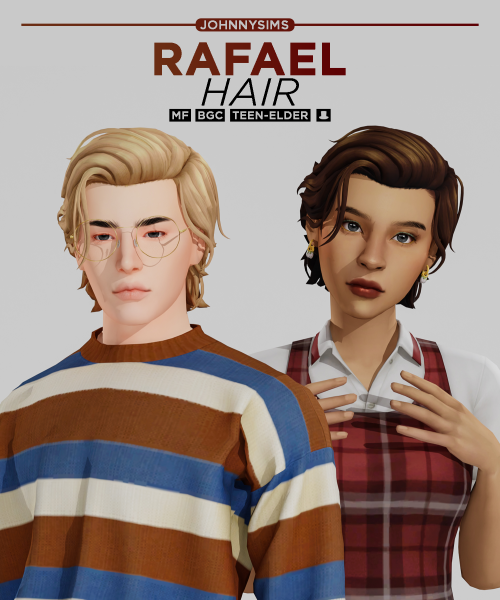 Rafael Hair
Info:
• Base Game Compatible
• 2 versions (w/ and w/o strands)
• 24 swatches
• Shadow/Specular/Normal Map
• Hat Compatible
• Teen-Elder
• Support me! Ko-Fi | Patreon
DOWNLOAD (free)