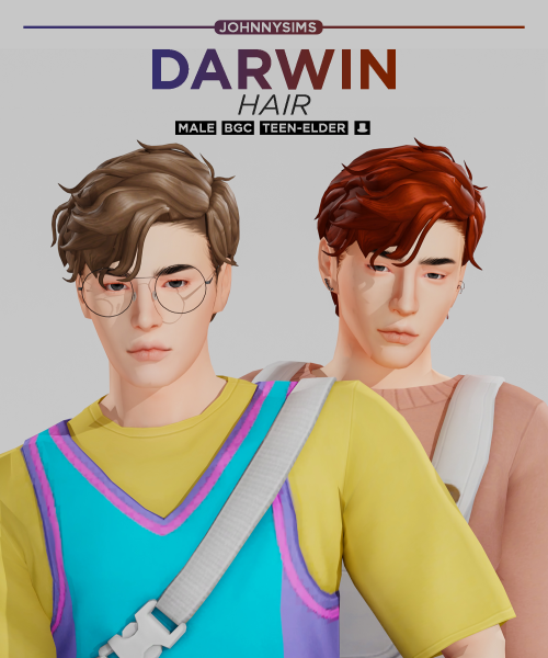 Darwin Hair
Info:
• Base Game Compatible
• 2 versions (w/ and w/o strands)
• 24 swatches
• Shadow/Specular/Normal Map
• Hat Compatible
• Teen-Elder
DOWNLOAD (free)