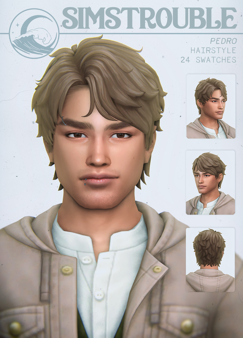 PEDRO by simstrouble• Base Game Compatible
• 24 Swatches
• All LODs, Hat Compatible, All Maps, 9k poly
Updated 26th October 2022: Reworked mesh, enabled for feminine frame, fixed tags, remade previews and thumbs, and added a new version. Enjoy...