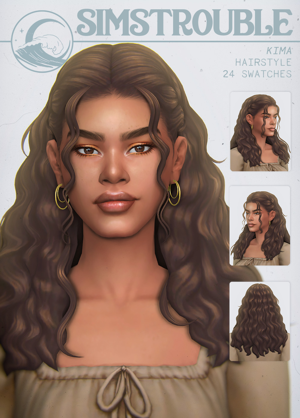 KIMA by simstroubleInspired by a random girl I saw on the train.
• Base Game Compatible
• 24 Swatches
• All LODs, Hat Compatible, All Maps, 11k poly
• Comes with 2 Versions shown below, plus no strands and bangs versions
download (Patreon, free) |...