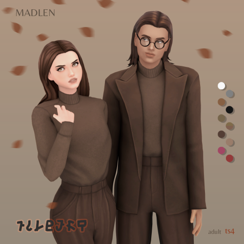 Filbert Fall Set
Something a bit cozier for the fall days that are already here!
This outfit pack consists of two variations of the same clothing item. Soft turtle neck combined with high waisted pleated pants.
With and without blazer option...