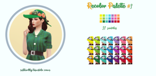 Broad Brim Hat - Floral Garden• New mesh (EA-mesh edit)
• Mix and Match
• Hat: 1 base color +110 swatches
• Recolor #1 - 64 satches
• Recolor #2 - 25 satches
• Recolor #3 - 21 satches
• Flowers and Ribbon: 64 swatches
•  Flowers and Ribbon location...