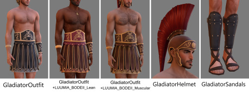 * Gladiator Outfit - base game compatible male outfit with EA body, all LOD’s, all maps, 6 swatches, from teen to elder + Cas thumbnail.
* GladiatorOutfit+LUUMIA_BODEII_Lean- base game compatible male outfit with LUUMIA_BODEII_Lean body, all LOD’s,...