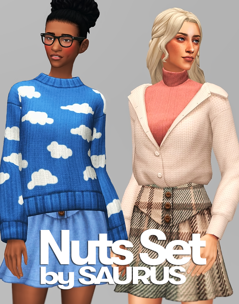 🌿Nuts Set by Saurus🥜 A cozy set of sweaters and skirts for those slightly chillier Autumn nights 💜
• 4 meshes, 6 items, lots of swatches heh
• ALL LODs, proper tags, shadow, specular, normal
• Please note that the Acorn jumper is not meant to be worn...