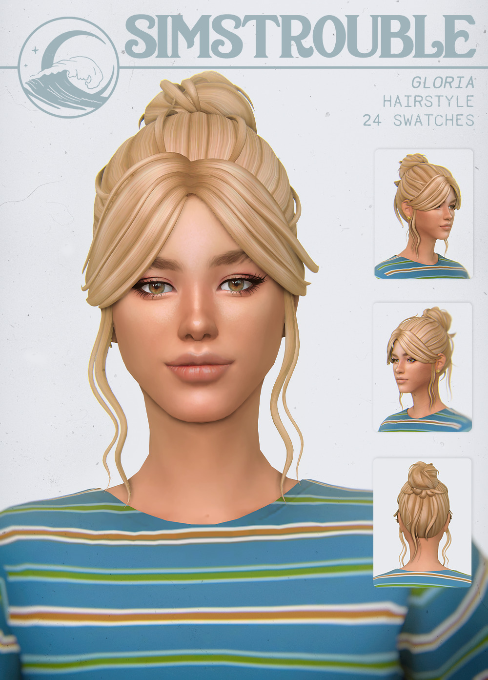 GLORIA by simstrouble An Up-do version of my Mirela Hairstyle 🥧
• Base Game Compatible
• 24 Swatches
• Two versions showed below
• All LODs, Hat Compatible, All Maps, V1 14k poly / V2 12k poly
download (Patreon, free) | Instagram | Pinterest