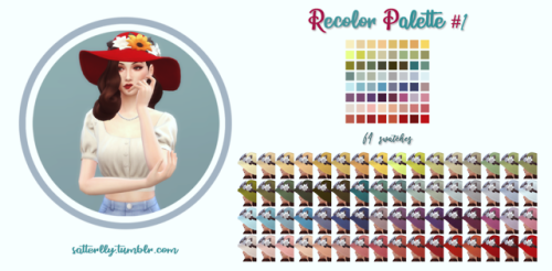 Broad Brim Hat - Floral Garden• New mesh (EA-mesh edit)
• Mix and Match
• Hat: 1 base color +110 swatches
• Recolor #1 - 64 satches
• Recolor #2 - 25 satches
• Recolor #3 - 21 satches
• Flowers and Ribbon: 64 swatches
•  Flowers and Ribbon location...