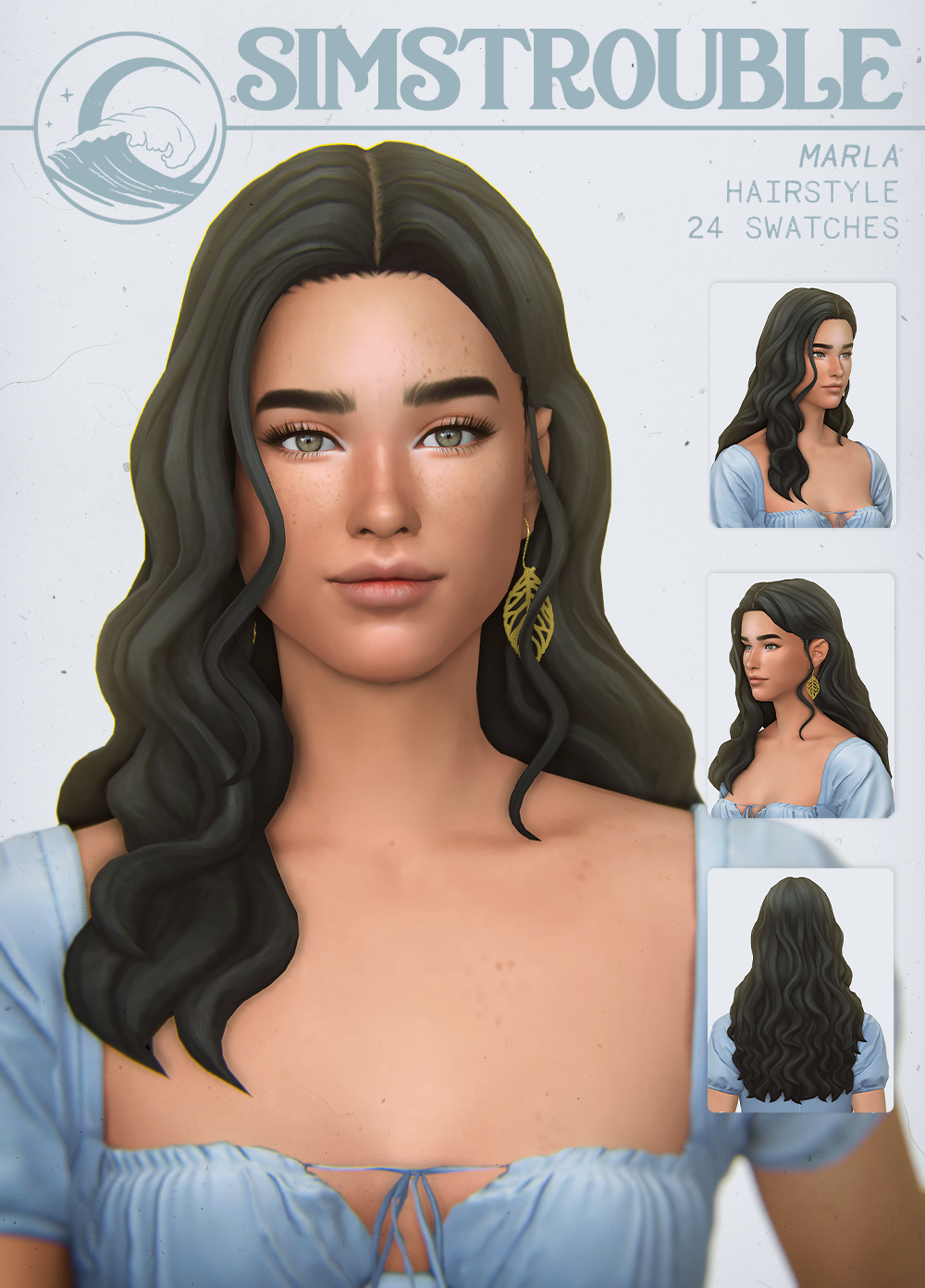 MARLA by simstrouble• Base Game Compatible
• 24 Swatches
• All LODs, Hat Compatible, All Maps, 8k poly
download (Patreon, free) | Instagram | Pinterest