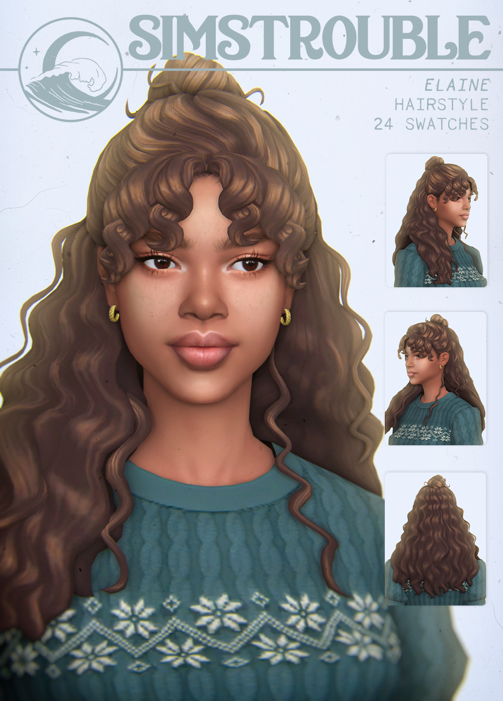 ELAINE by simstroubleA half-updo version of my Beatrice Hairstyle 🦉
• Base Game Compatible
• 24 Swatches
• Come with a decluttered Versions, w/o extra hairs
• All LODs, Hat Compatible, All Maps, 17k poly
Update 13th January 2023: Fixed uv_1, weights,...