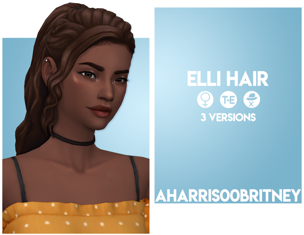 Elli Hair“Speed meshing for this hair can watch be watched here”
• BGC
• Not Hat Compatible
• 24 EA Colors
• Three Versions; shown below
• Has a elastic overlay Accessory; found in hats
• Custom Thumbnails
• Terms Of Use
• 360 view and pictures of...