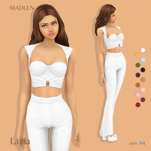 Layla Outfit
Ruched crop top matched with high waisted pants. All that in knit pattern!
DOWNLOAD (Patreon)