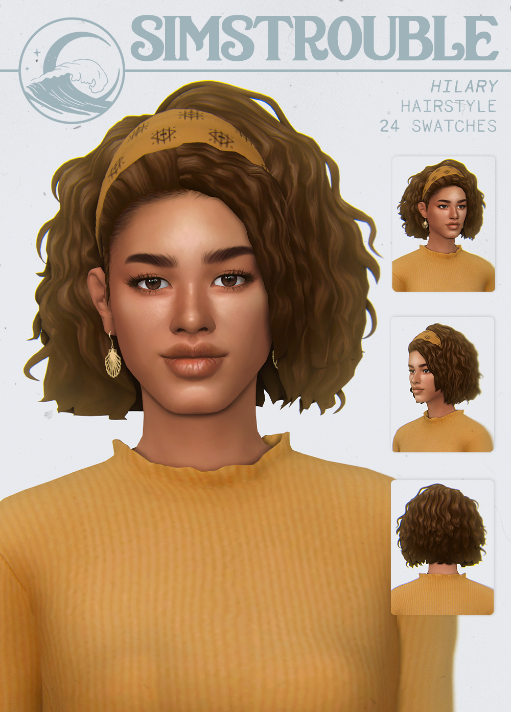 HILARY by simstrouble• Base Game Compatible
• 24 Swatches
• Accessory Headband Recolors from my Darlene Hairstyle included
•  All LODs, NOT Hat Compatible, All Maps, V1 10k poly / V2 8k poly
download (Patreon, free) | Instagram | Pinterest